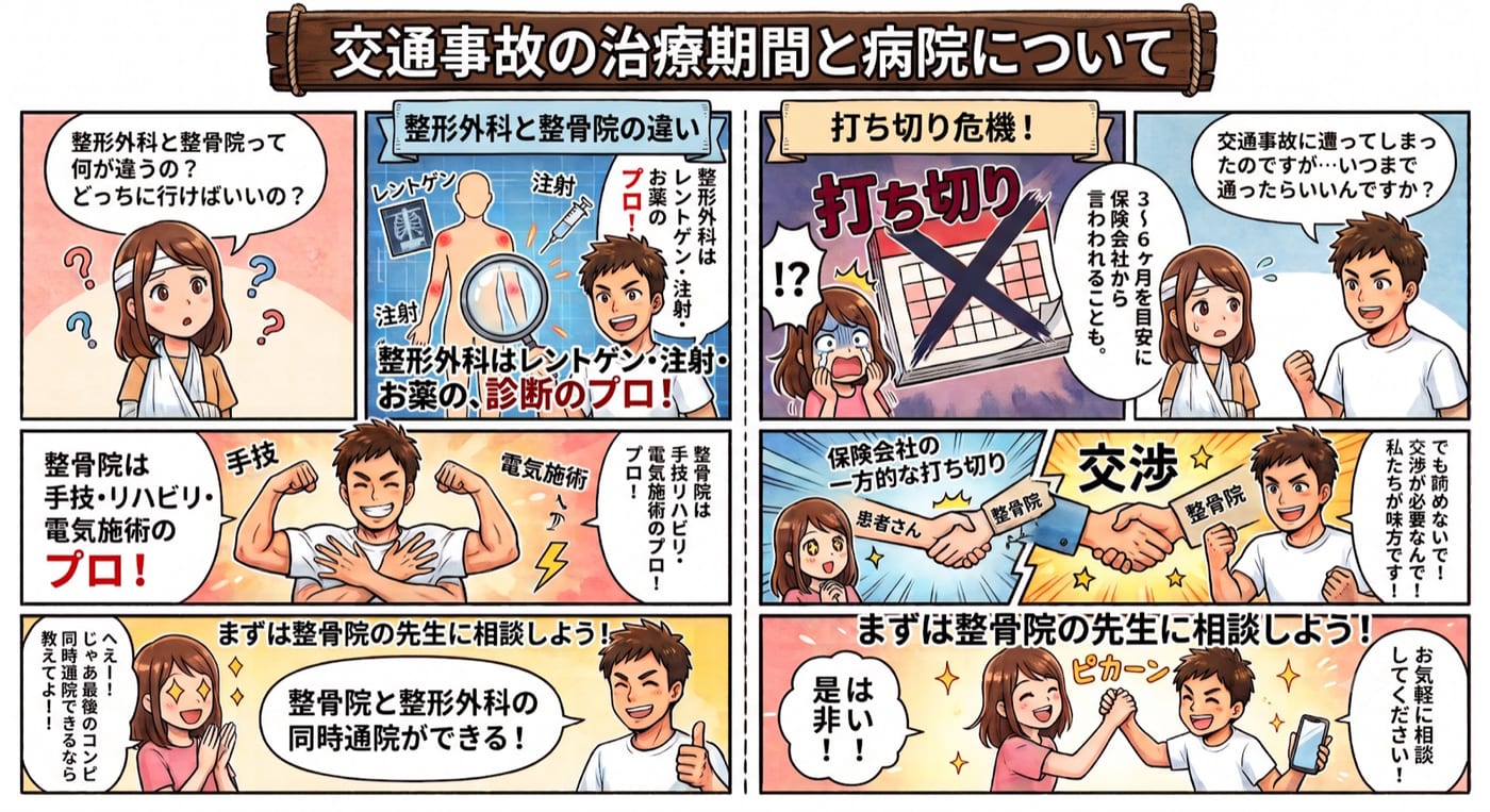 交通事故の治療期間と病院について（整形外科と整骨院の違い・治療の打ち切り危機）