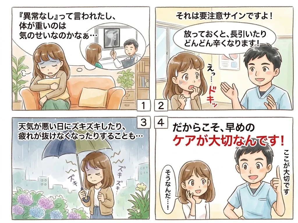 4コマ漫画：「異常なし」と言われても体が重い状態は要注意のサイン。放っておくと天気の悪い日にズキズキ痛むことも。だからこそ早めのケアが大切です