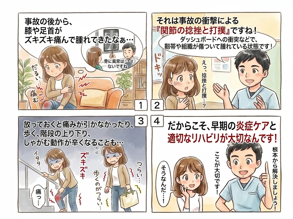 4コマ漫画：事故の後に膝や足首が痛んで腫れるのは、関節の捻挫と打撲かもしれません。歩く・階段・しゃがむ動作がつらくなる前に、早期の炎症ケアとリハビリを